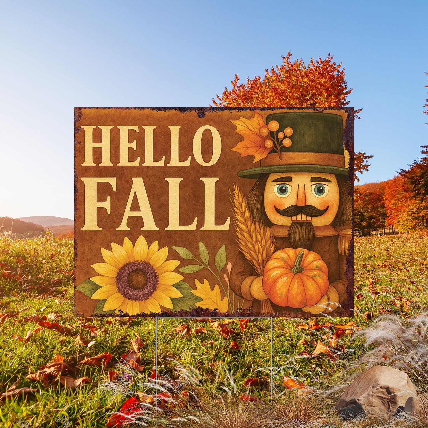 Hello Fall Yard Sign with Sunflower & Nutcracker – UV Print 24x18in Corrugated Plastic Lawn Stake for Autumn Outdoor Display