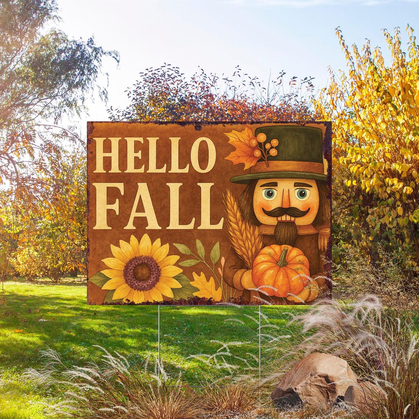 Hello Fall Yard Sign with Sunflower & Nutcracker – UV Print 24x18in Corrugated Plastic Lawn Stake for Autumn Outdoor Display