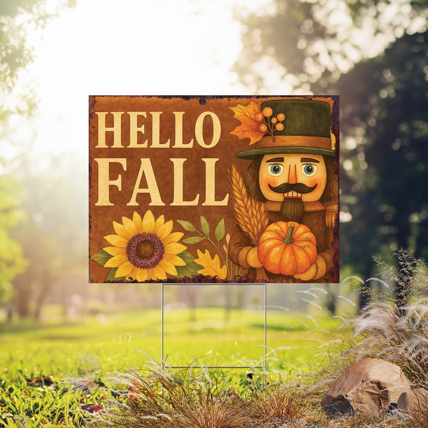 Hello Fall Yard Sign with Sunflower & Nutcracker – UV Print 24x18in Corrugated Plastic Lawn Stake for Autumn Outdoor Display
