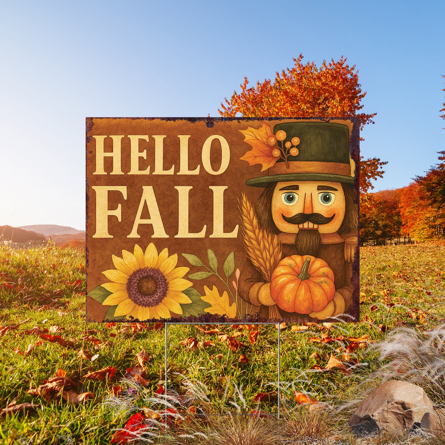 Hello Fall Yard Sign with Sunflower & Nutcracker – UV Print 24x18in Corrugated Plastic Lawn Stake for Autumn Outdoor Display