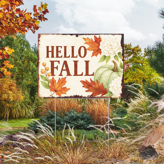 Hello Fall Yard Sign with Green Pumpkin & Flowers – 24x18in Outdoor Lawn Stake, UV Printed Corrugated Plastic Autumn Decor