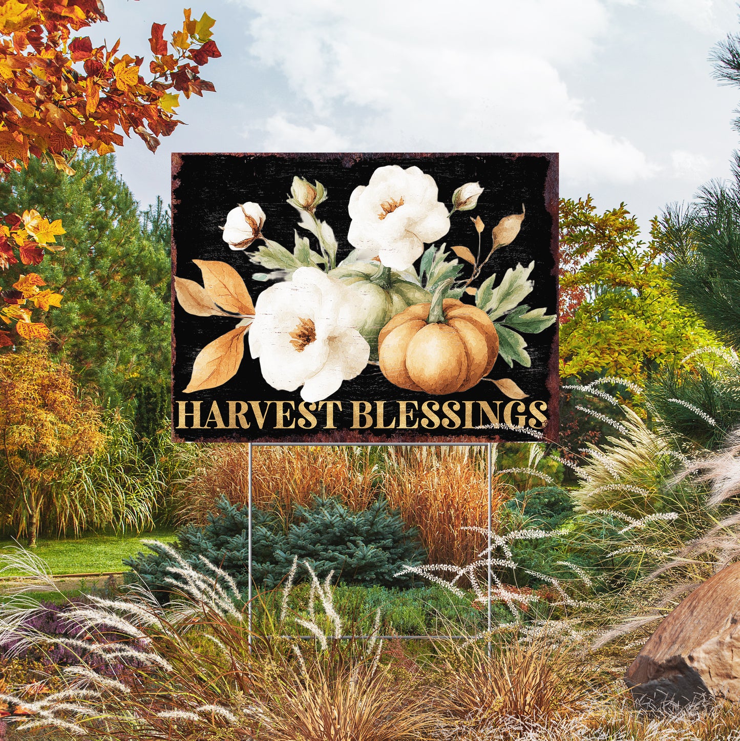 Harvest Blessings Yard Sign – 24x18in Outdoor Fall Garden Stake, UV Printed Floral Pumpkin Decor, Corrugated Plastic Board