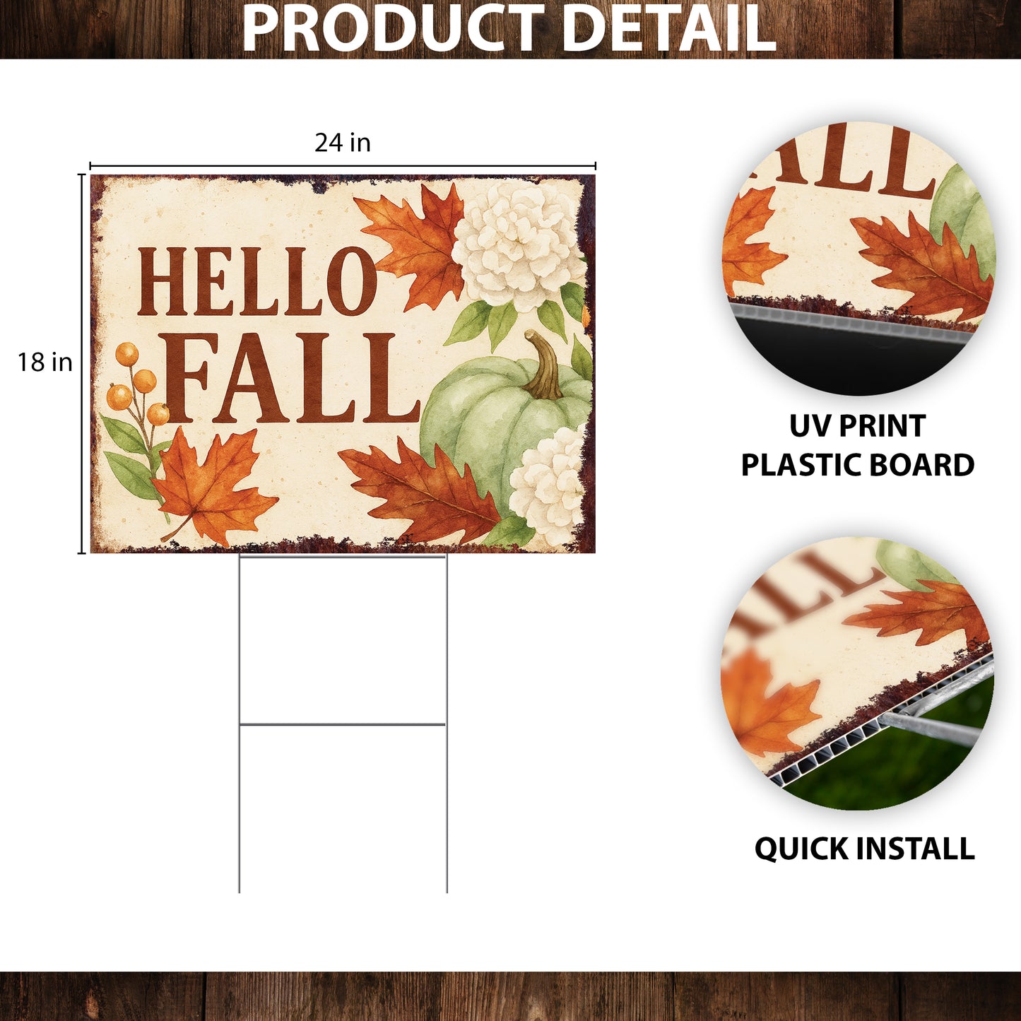 Hello Fall Yard Sign with Green Pumpkin & Flowers – 24x18in Outdoor Lawn Stake, UV Printed Corrugated Plastic Autumn Decor
