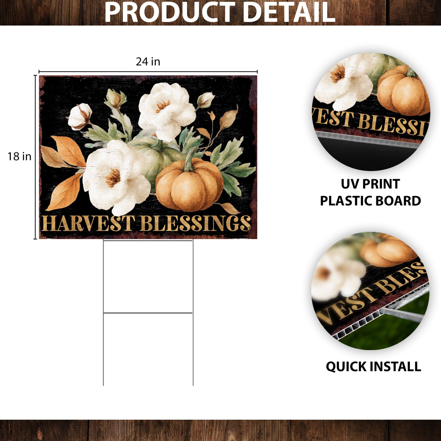 Harvest Blessings Yard Sign – 24x18in Outdoor Fall Garden Stake, UV Printed Floral Pumpkin Decor, Corrugated Plastic Board