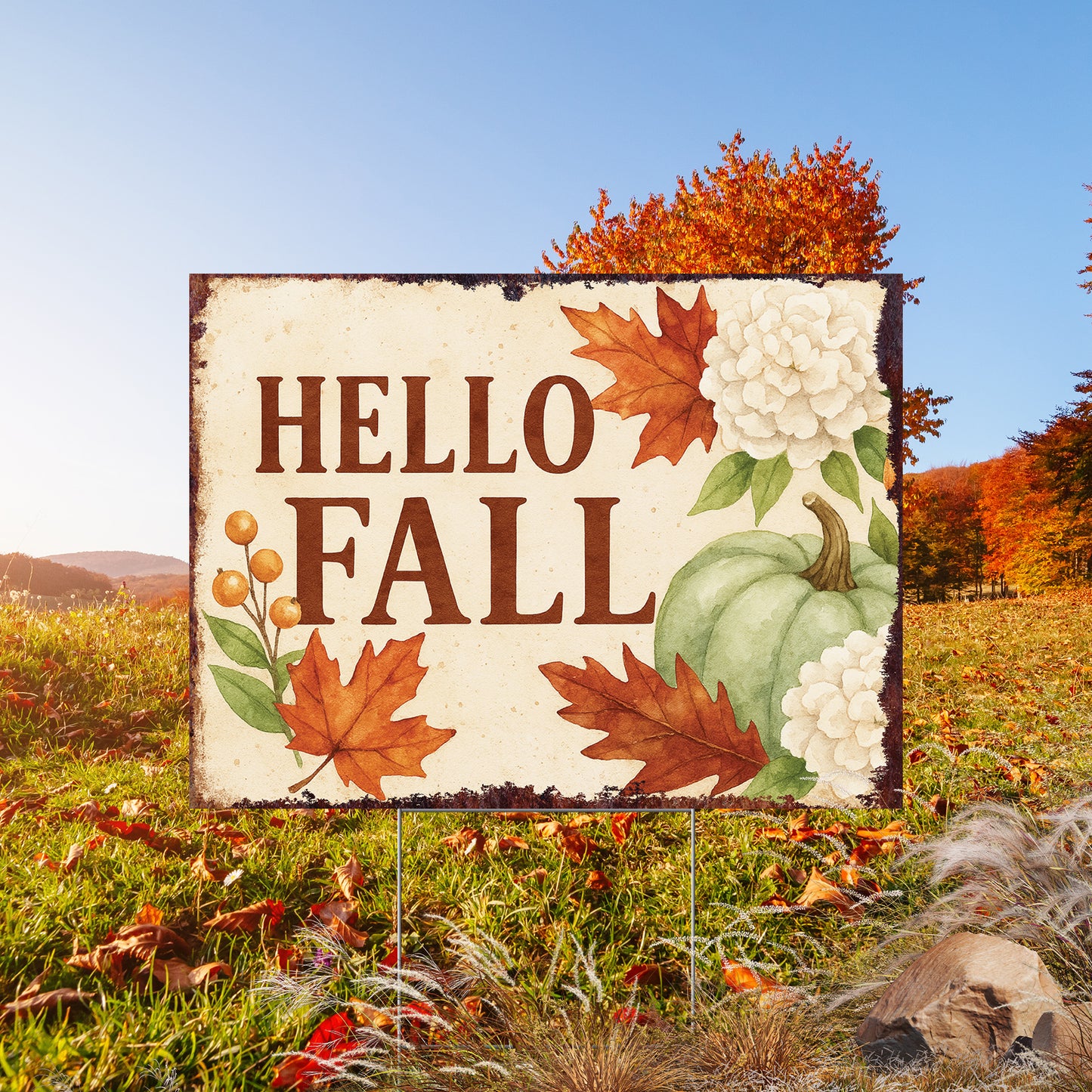 Hello Fall Yard Sign with Green Pumpkin & Flowers – 24x18in Outdoor Lawn Stake, UV Printed Corrugated Plastic Autumn Decor