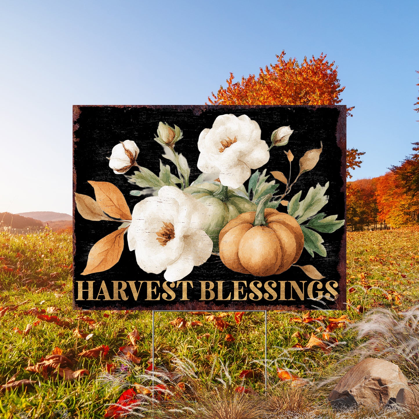 Harvest Blessings Yard Sign – 24x18in Outdoor Fall Garden Stake, UV Printed Floral Pumpkin Decor, Corrugated Plastic Board