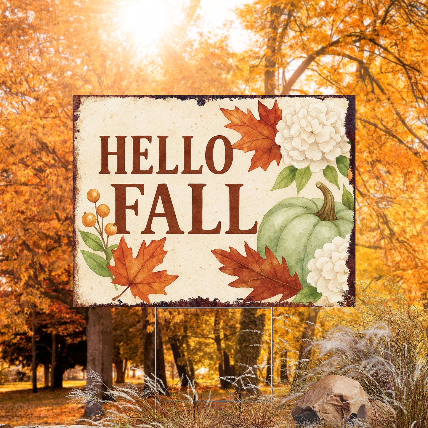 Hello Fall Yard Sign with Green Pumpkin & Flowers – 24x18in Outdoor Lawn Stake, UV Printed Corrugated Plastic Autumn Decor