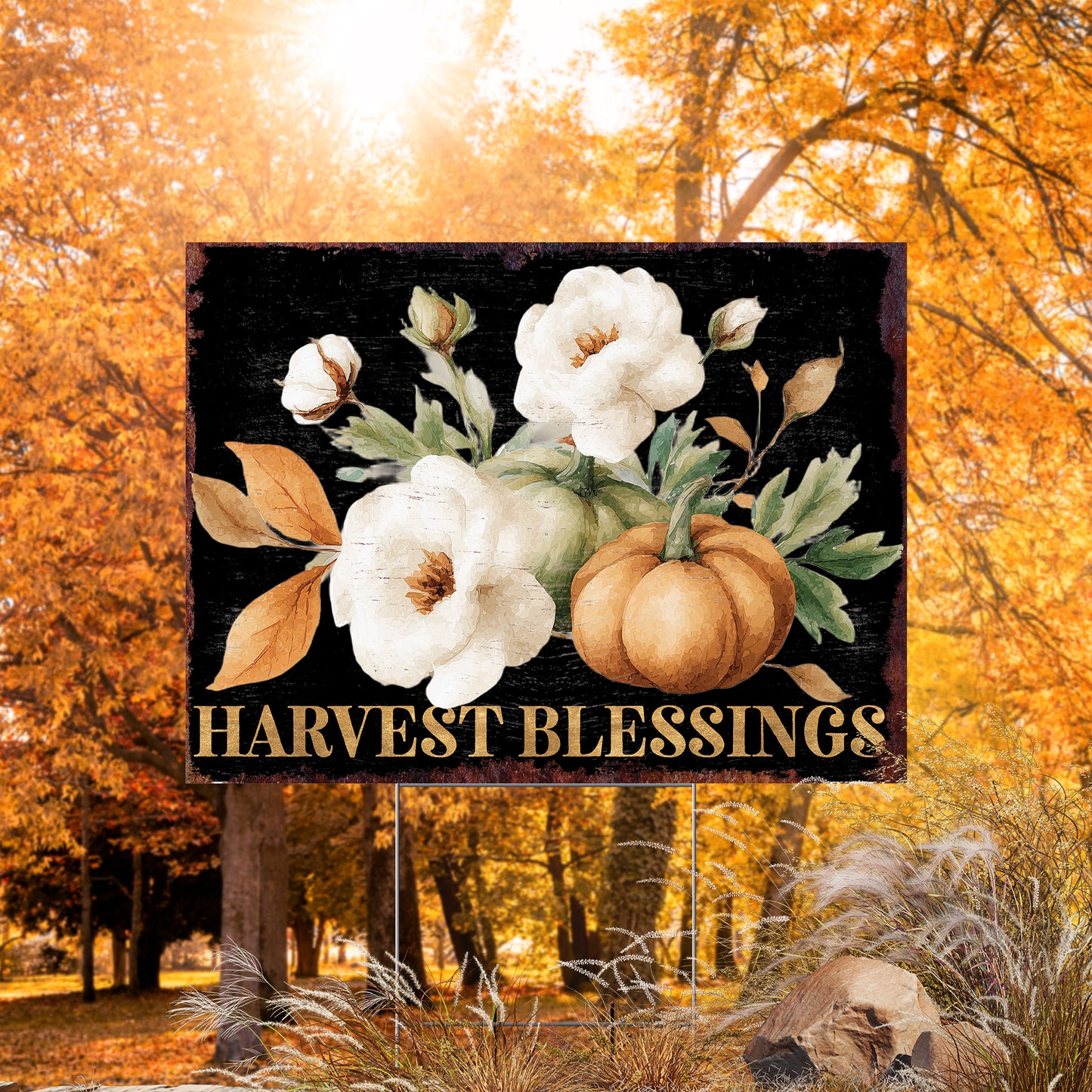 Harvest Blessings Yard Sign – 24x18in Outdoor Fall Garden Stake, UV Printed Floral Pumpkin Decor, Corrugated Plastic Board