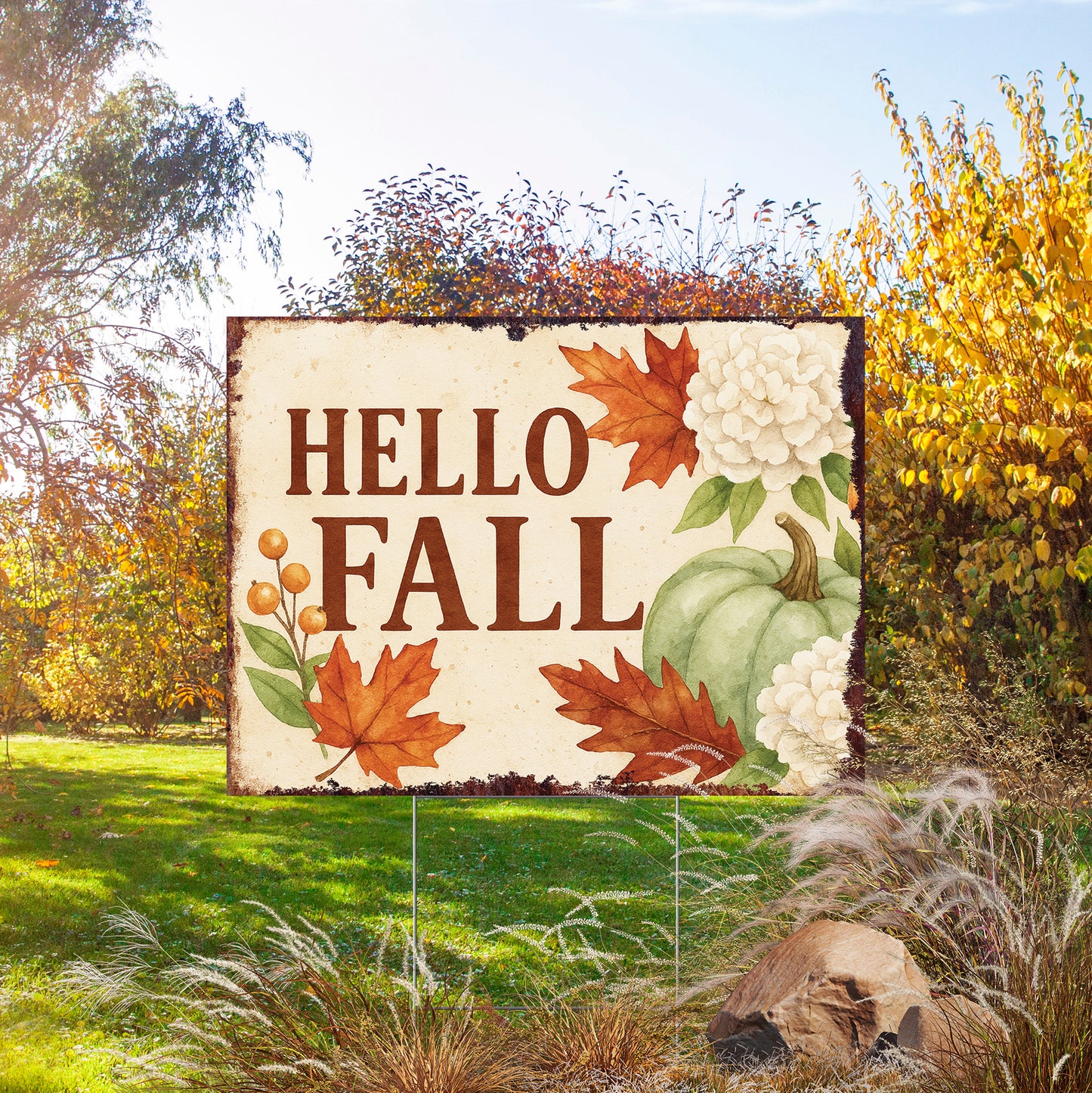 Hello Fall Yard Sign with Green Pumpkin & Flowers – 24x18in Outdoor Lawn Stake, UV Printed Corrugated Plastic Autumn Decor