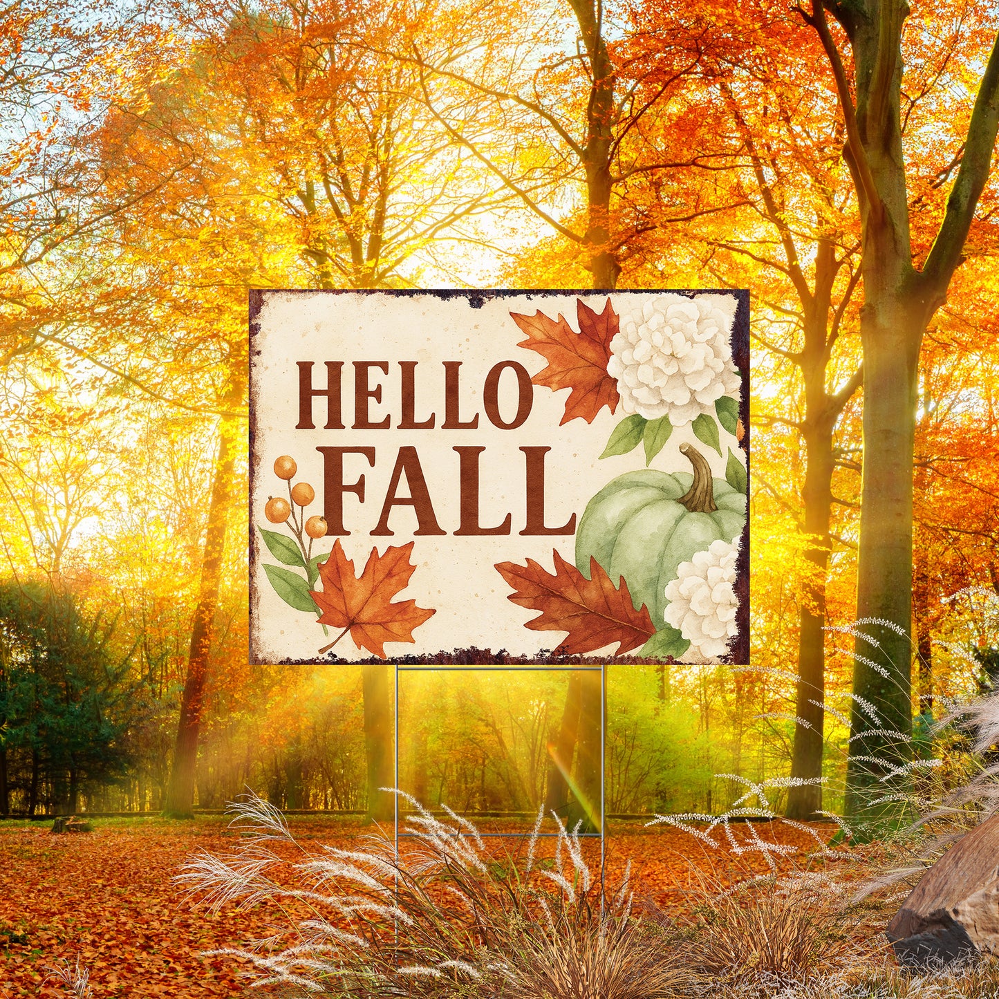 Hello Fall Yard Sign with Green Pumpkin & Flowers – 24x18in Outdoor Lawn Stake, UV Printed Corrugated Plastic Autumn Decor