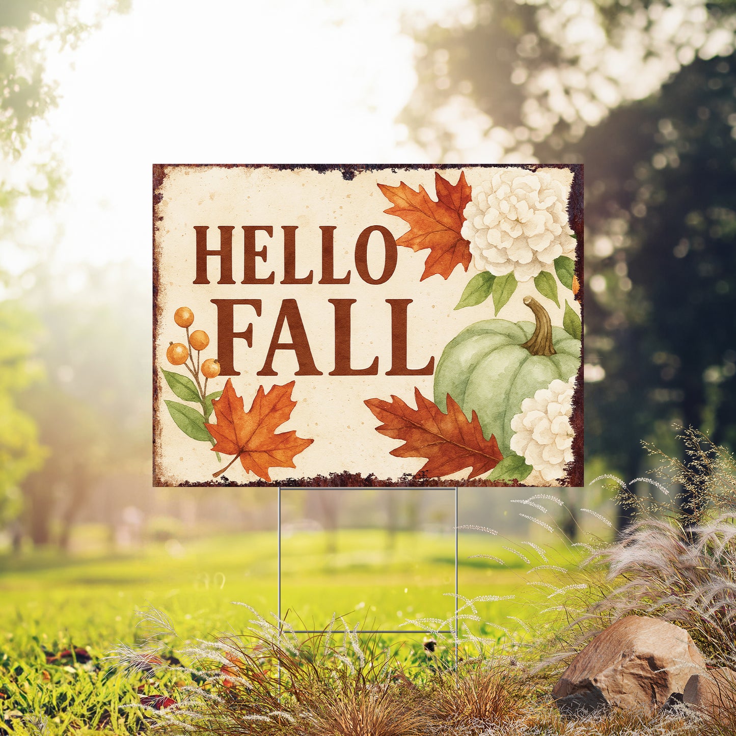 Hello Fall Yard Sign with Green Pumpkin & Flowers – 24x18in Outdoor Lawn Stake, UV Printed Corrugated Plastic Autumn Decor