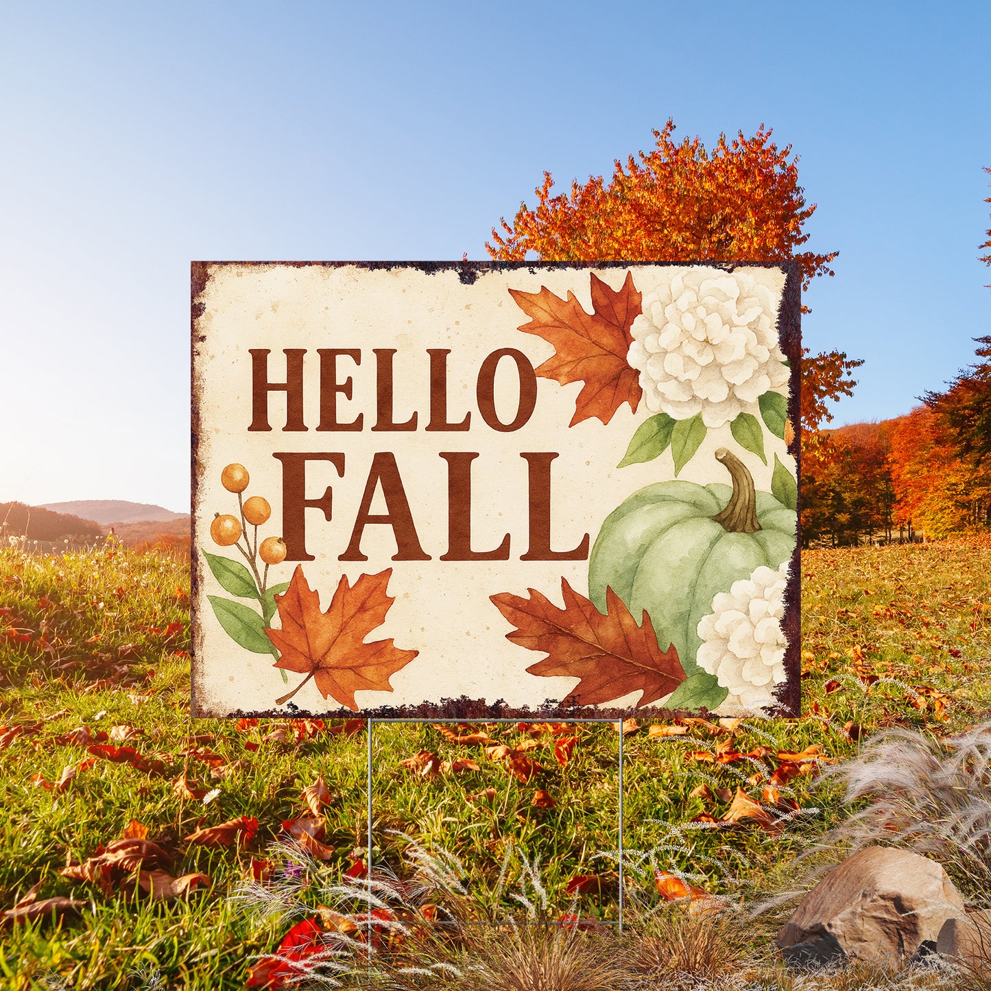Hello Fall Yard Sign with Green Pumpkin & Flowers – 24x18in Outdoor Lawn Stake, UV Printed Corrugated Plastic Autumn Decor