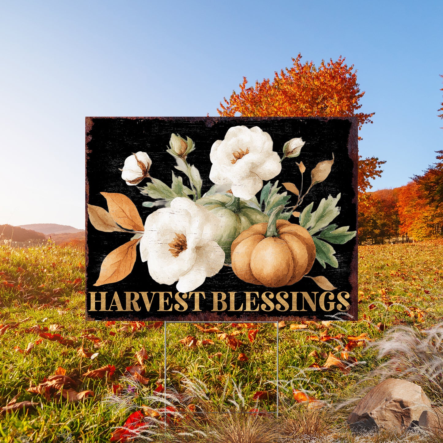 Harvest Blessings Yard Sign – 24x18in Outdoor Fall Garden Stake, UV Printed Floral Pumpkin Decor, Corrugated Plastic Board
