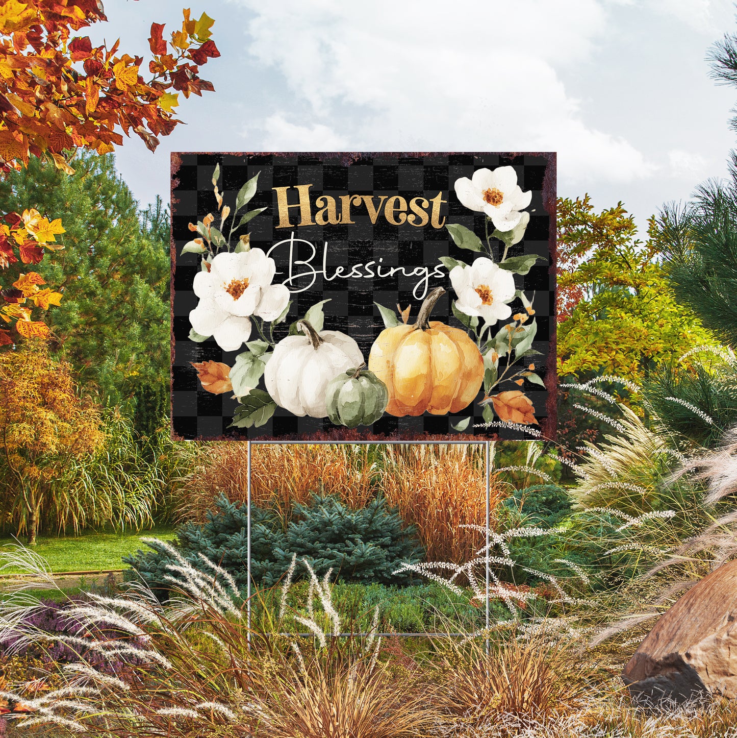 Harvest Blessings Yard Sign – Buffalo Plaid Fall Garden Stake 24x18in, UV Printed Floral Pumpkin Outdoor Decor, Plastic with H-Stake