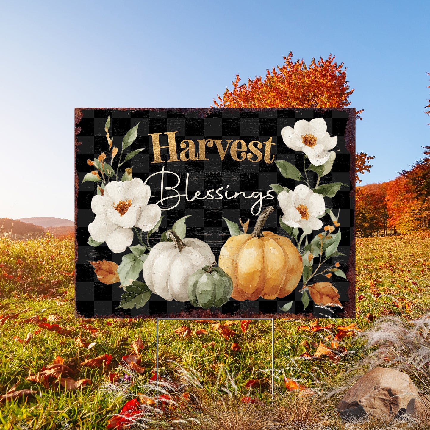 Harvest Blessings Yard Sign – Buffalo Plaid Fall Garden Stake 24x18in, UV Printed Floral Pumpkin Outdoor Decor, Plastic with H-Stake