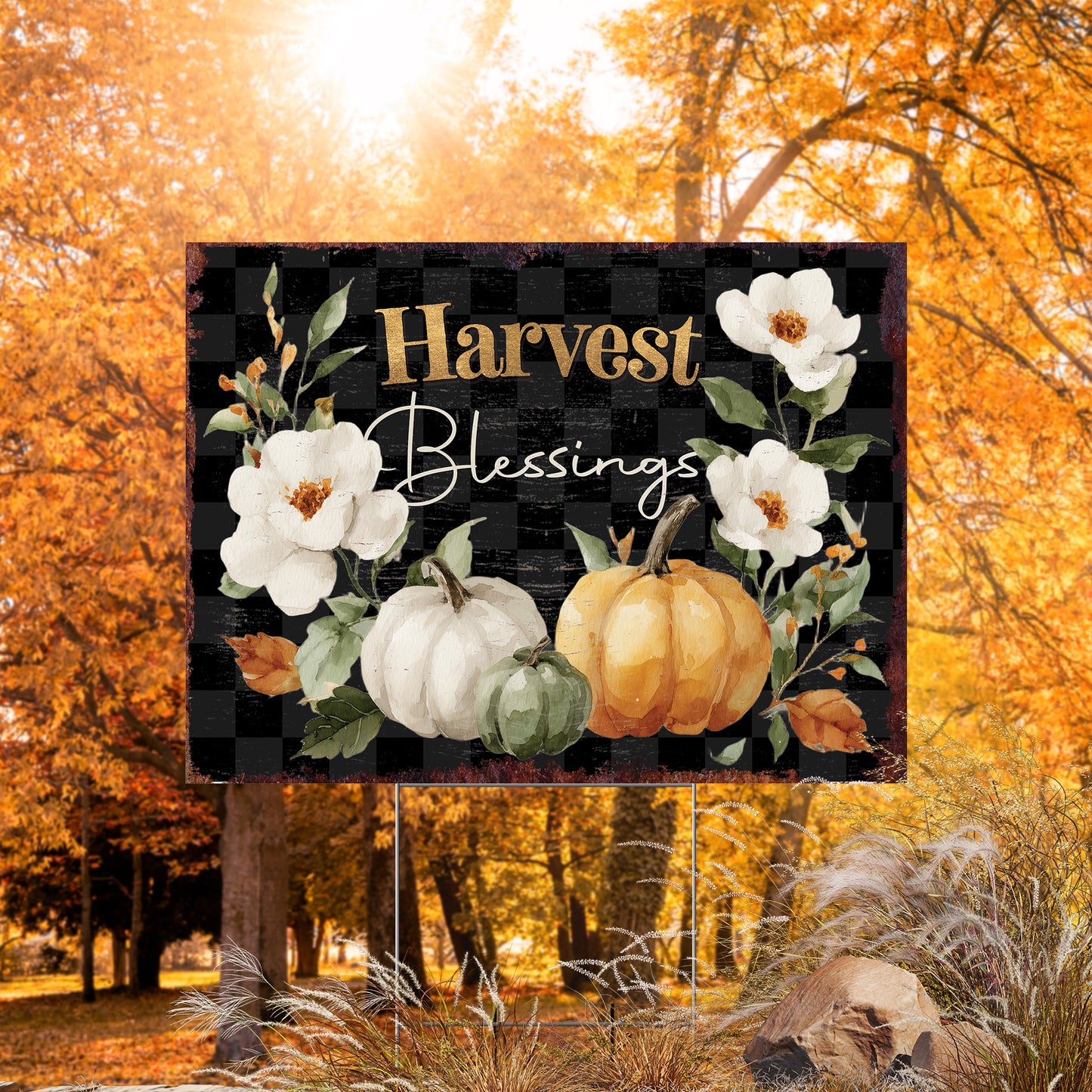 Harvest Blessings Yard Sign – Buffalo Plaid Fall Garden Stake 24x18in, UV Printed Floral Pumpkin Outdoor Decor, Plastic with H-Stake