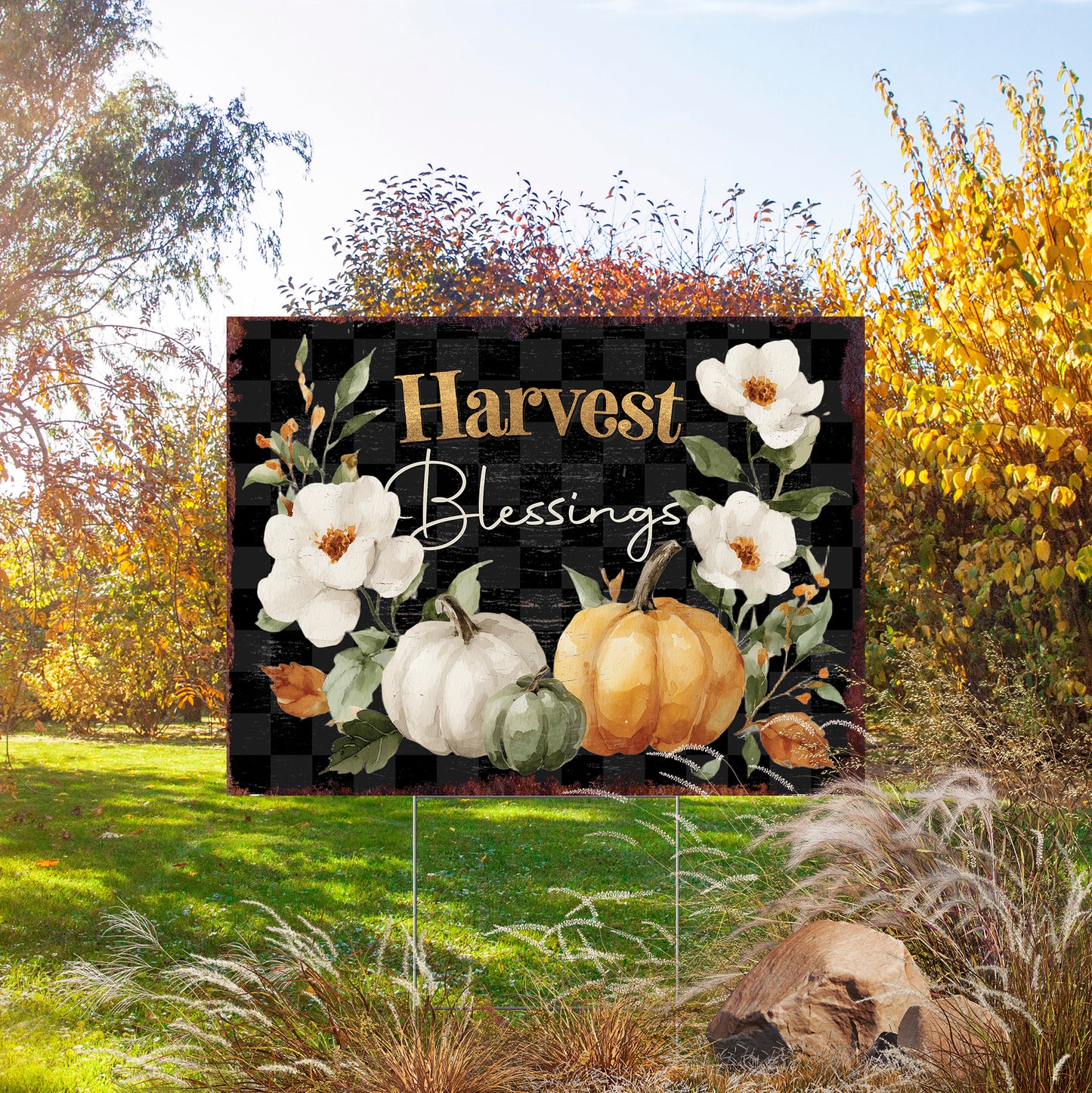 Harvest Blessings Yard Sign – Buffalo Plaid Fall Garden Stake 24x18in, UV Printed Floral Pumpkin Outdoor Decor, Plastic with H-Stake