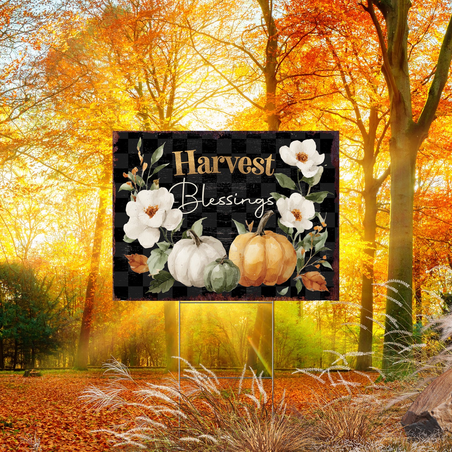 Harvest Blessings Yard Sign – Buffalo Plaid Fall Garden Stake 24x18in, UV Printed Floral Pumpkin Outdoor Decor, Plastic with H-Stake
