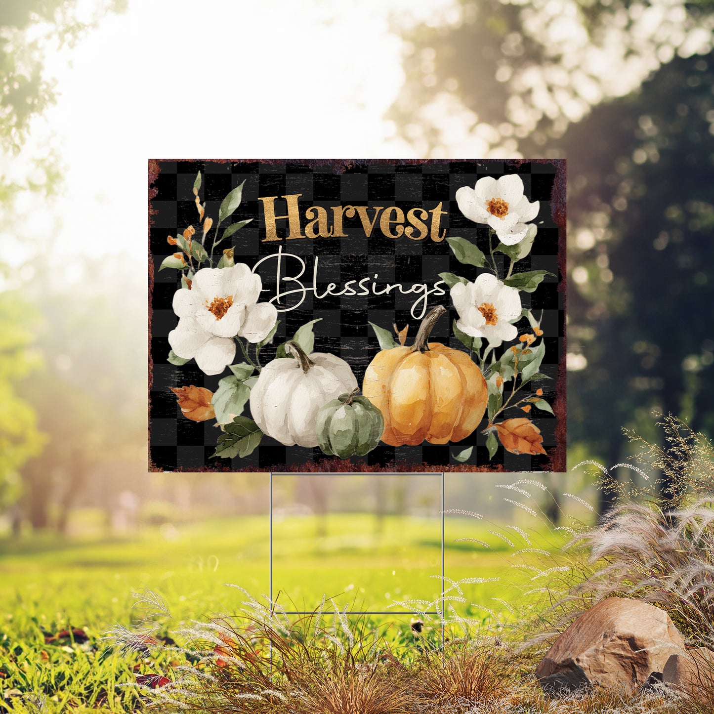 Harvest Blessings Yard Sign – Buffalo Plaid Fall Garden Stake 24x18in, UV Printed Floral Pumpkin Outdoor Decor, Plastic with H-Stake