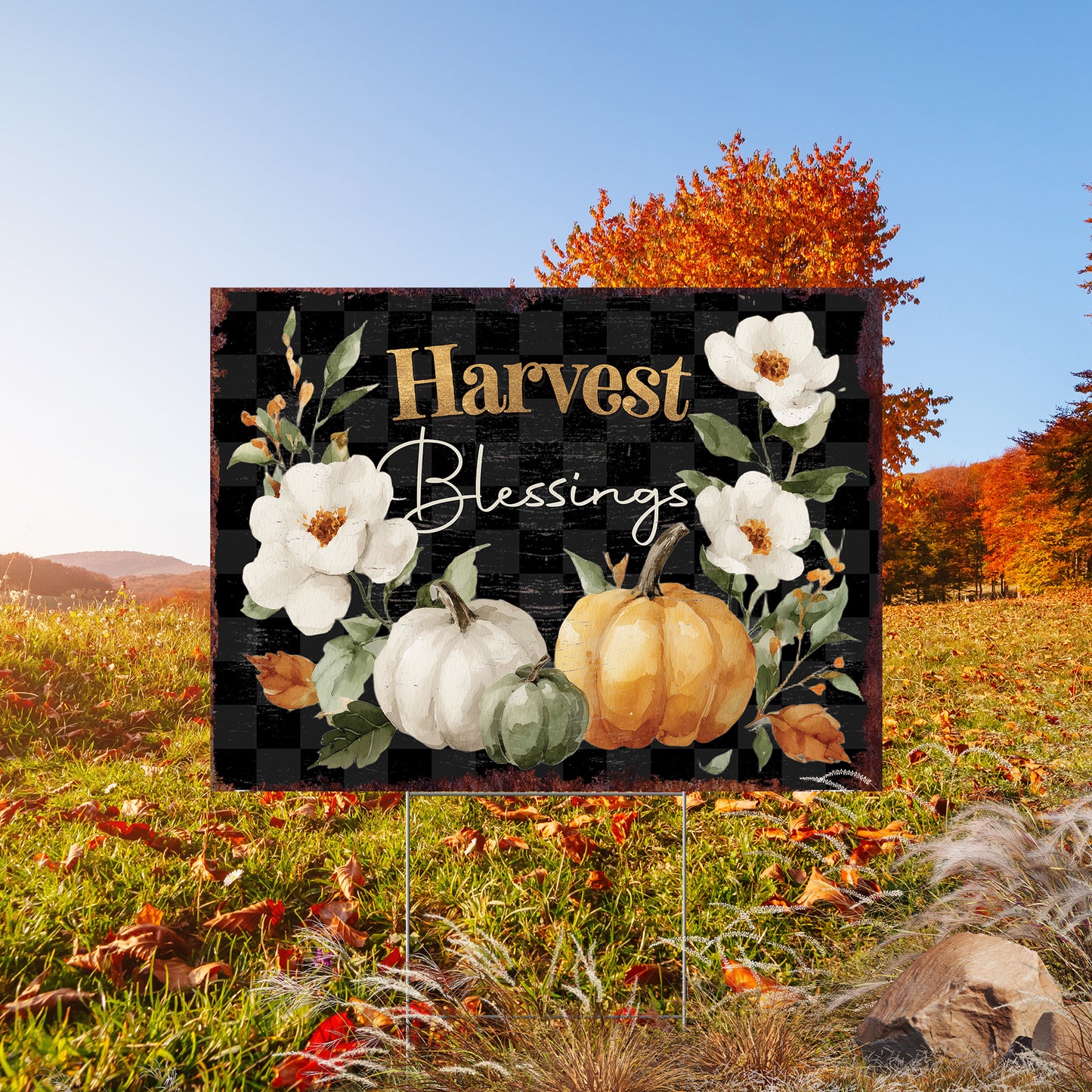Harvest Blessings Yard Sign – Buffalo Plaid Fall Garden Stake 24x18in, UV Printed Floral Pumpkin Outdoor Decor, Plastic with H-Stake