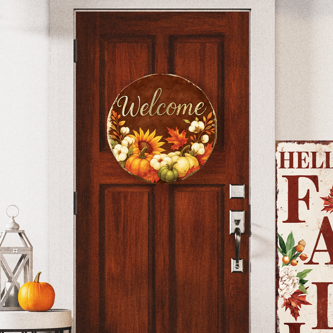 Welcome Fall Door Hanger – Round Wood Sign with Pumpkins & Sunflowers, UV Print for Front Door or Wall, 12–16in