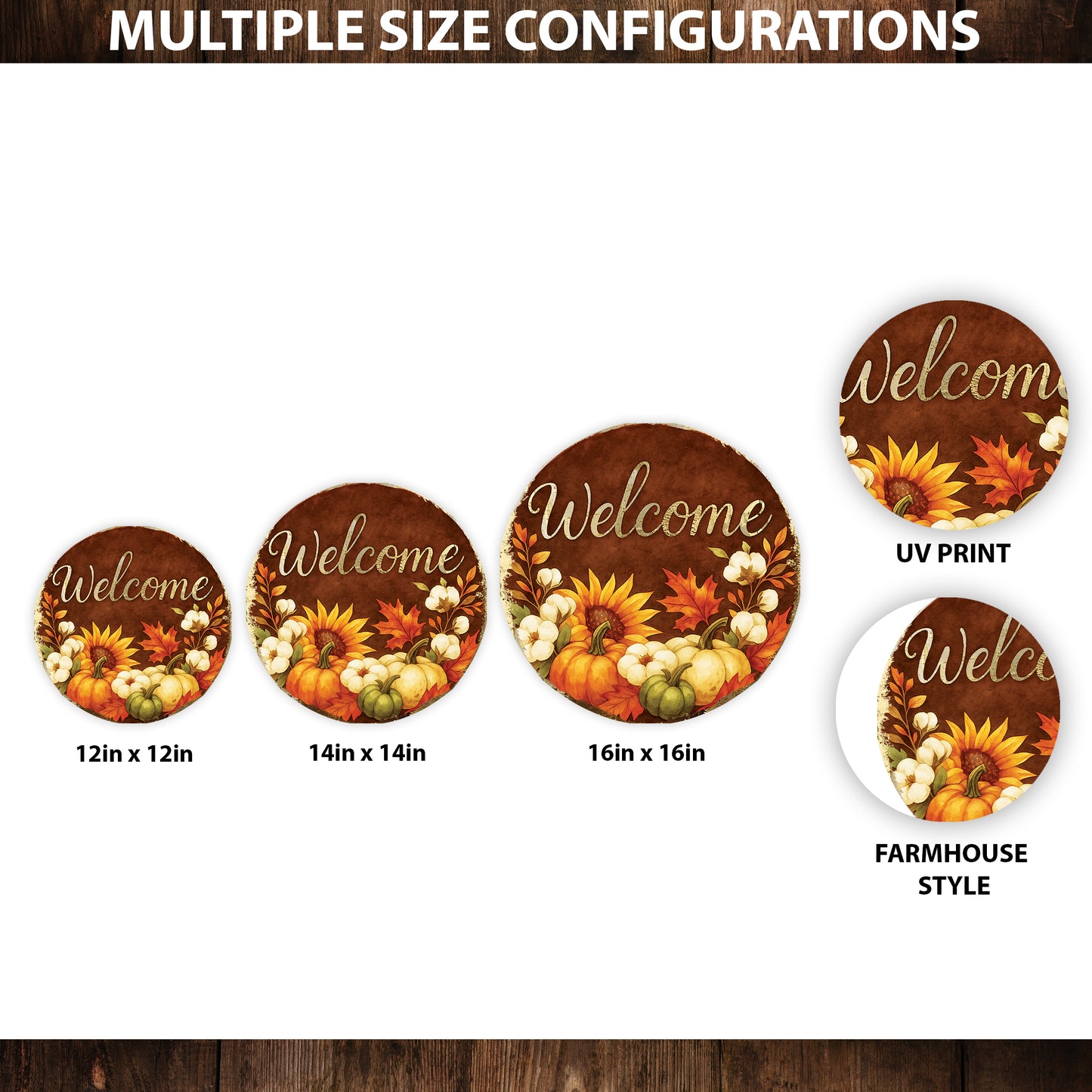 Welcome Fall Door Hanger – Round Wood Sign with Pumpkins & Sunflowers, UV Print for Front Door or Wall, 12–16in