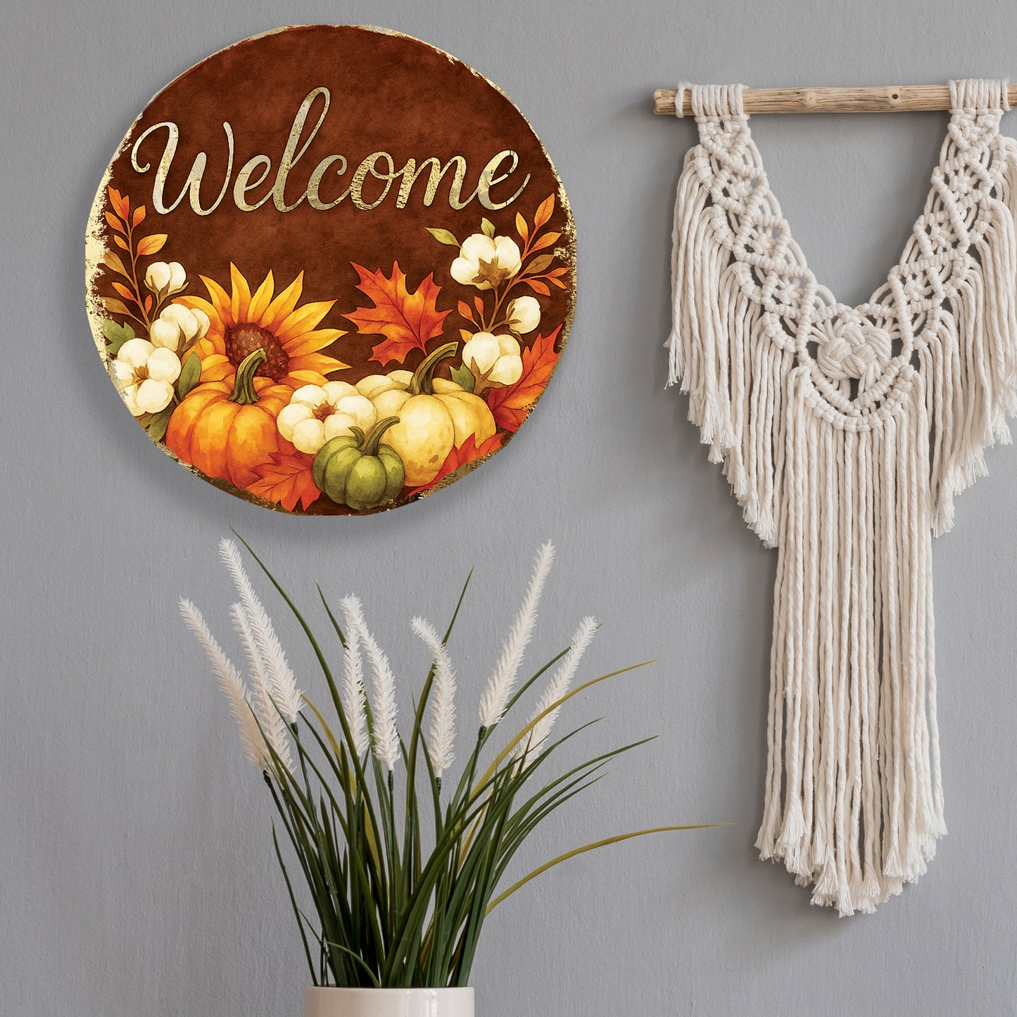 Welcome Fall Door Hanger – Round Wood Sign with Pumpkins & Sunflowers, UV Print for Front Door or Wall, 12–16in