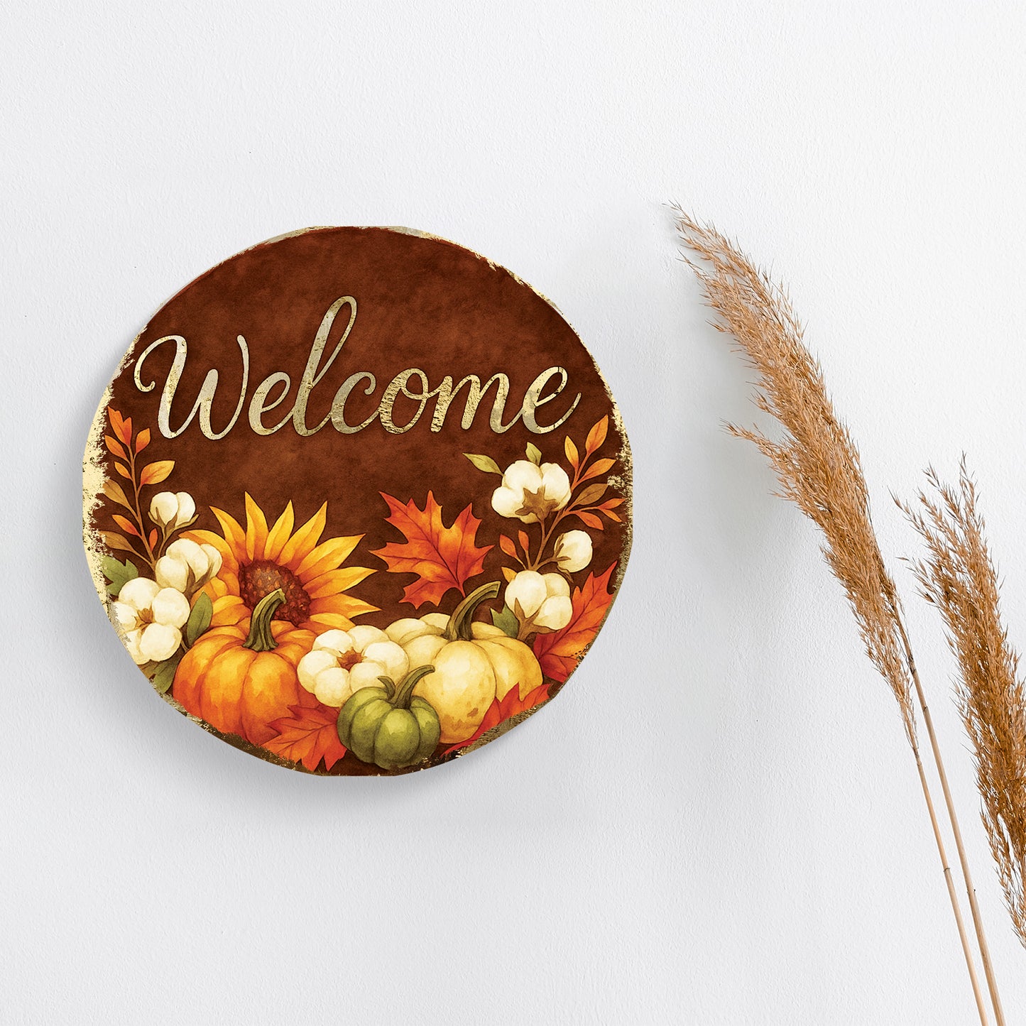 Welcome Fall Door Hanger – Round Wood Sign with Pumpkins & Sunflowers, UV Print for Front Door or Wall, 12–16in