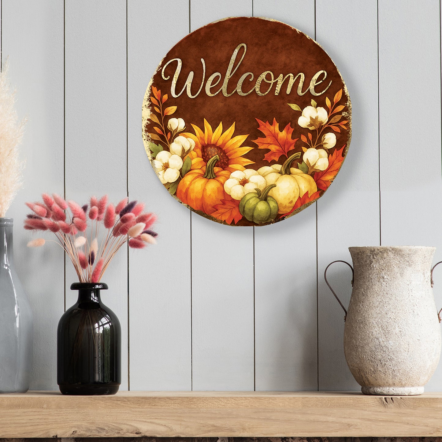 Welcome Fall Door Hanger – Round Wood Sign with Pumpkins & Sunflowers, UV Print for Front Door or Wall, 12–16in