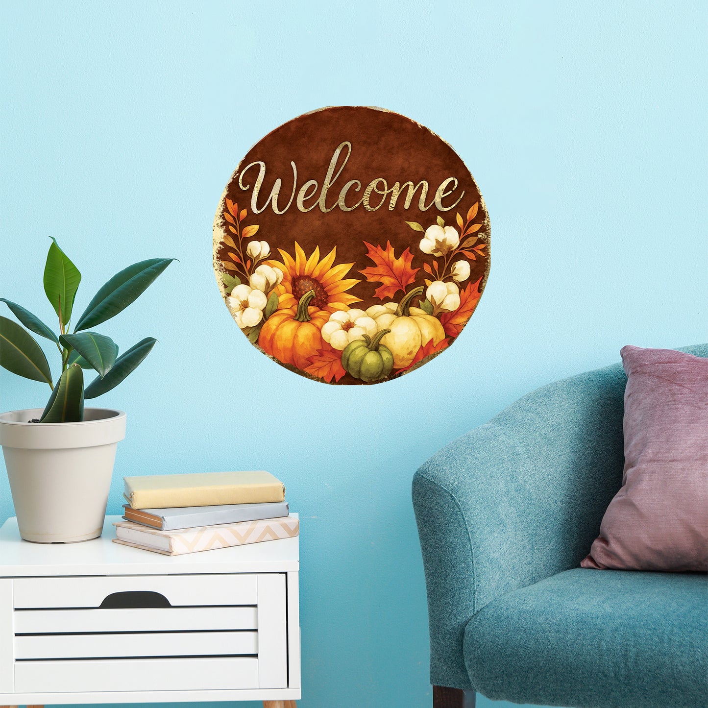 Welcome Fall Door Hanger – Round Wood Sign with Pumpkins & Sunflowers, UV Print for Front Door or Wall, 12–16in