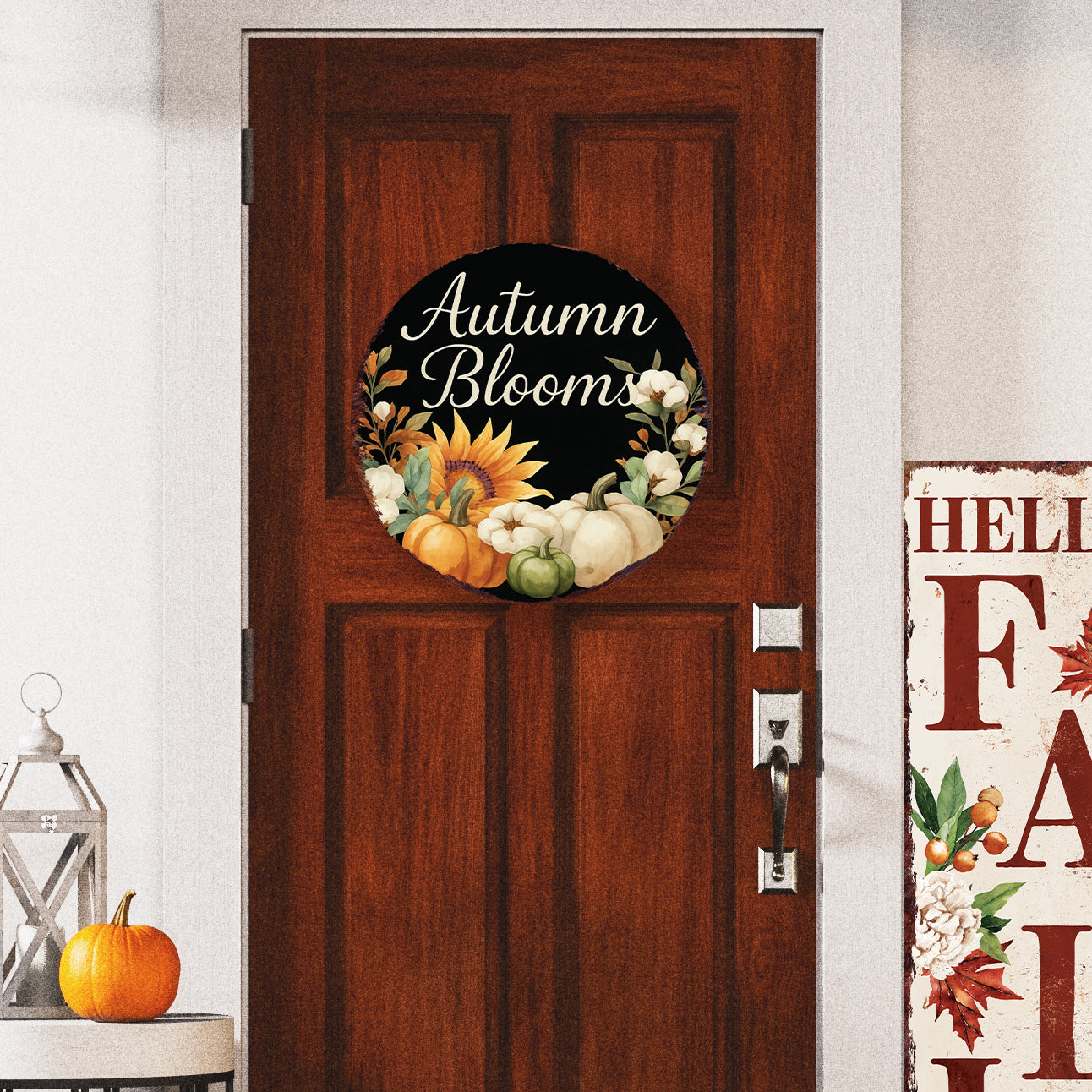 Autumn Blooms Fall Door Hanger – Round Wood Sign with Pumpkins & Sunflowers, UV Print for Front Door or Wall, 12–16in