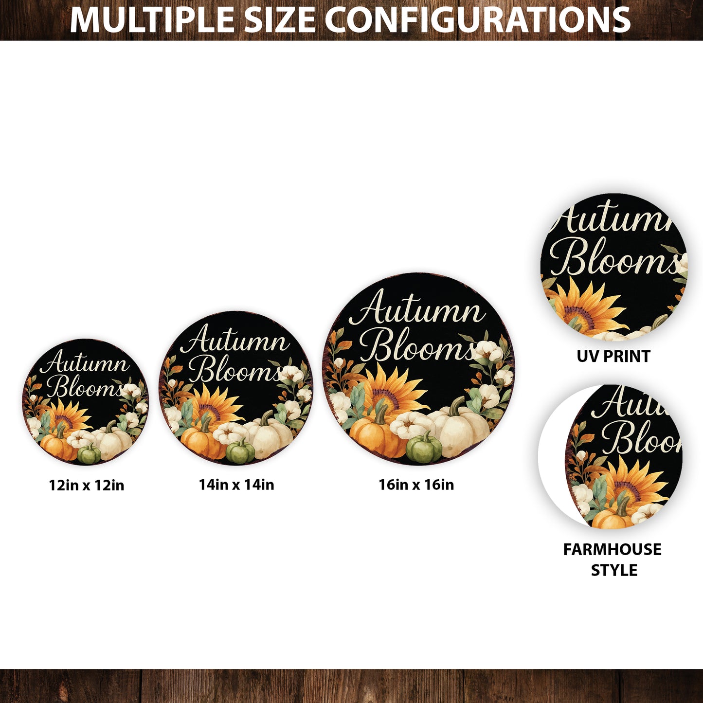 Autumn Blooms Fall Door Hanger – Round Wood Sign with Pumpkins & Sunflowers, UV Print for Front Door or Wall, 12–16in