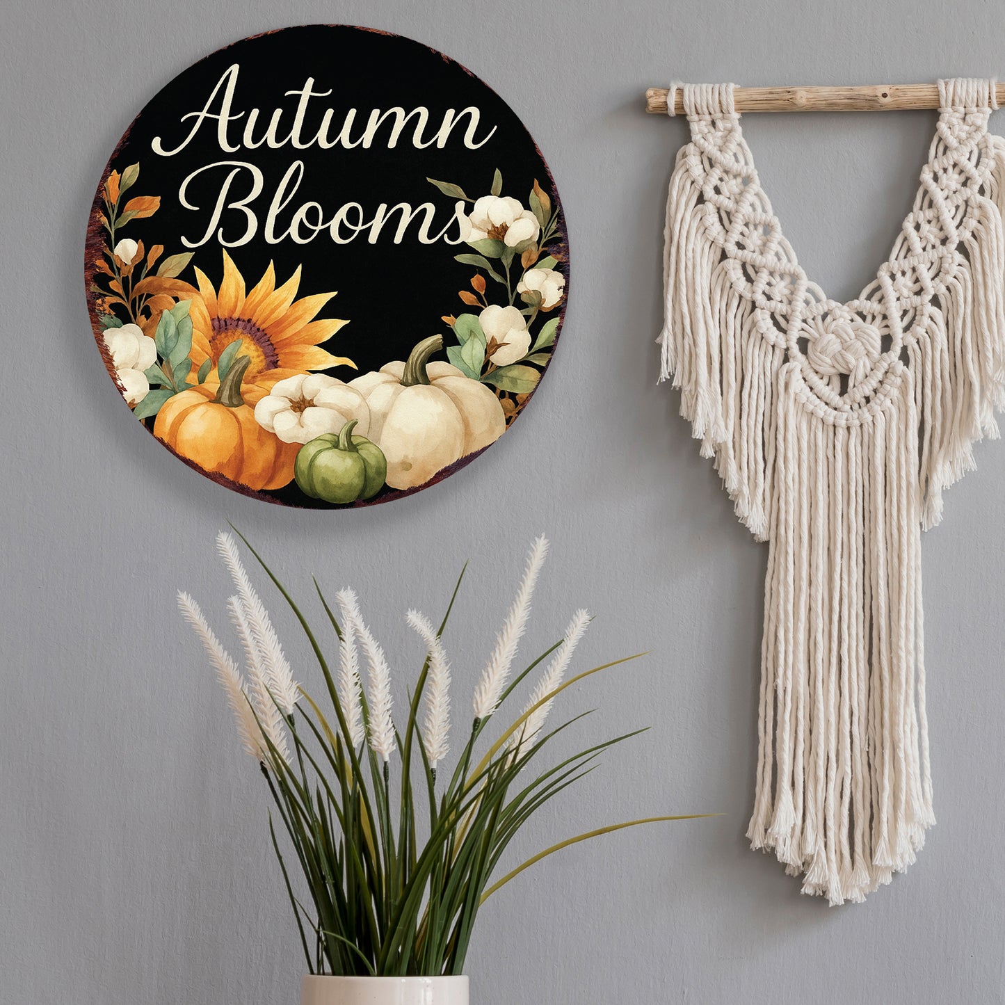 Autumn Blooms Fall Door Hanger – Round Wood Sign with Pumpkins & Sunflowers, UV Print for Front Door or Wall, 12–16in