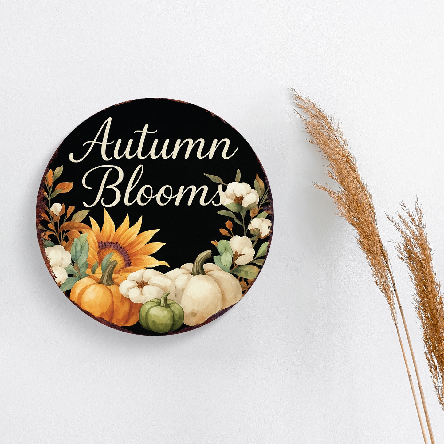 Autumn Blooms Fall Door Hanger – Round Wood Sign with Pumpkins & Sunflowers, UV Print for Front Door or Wall, 12–16in