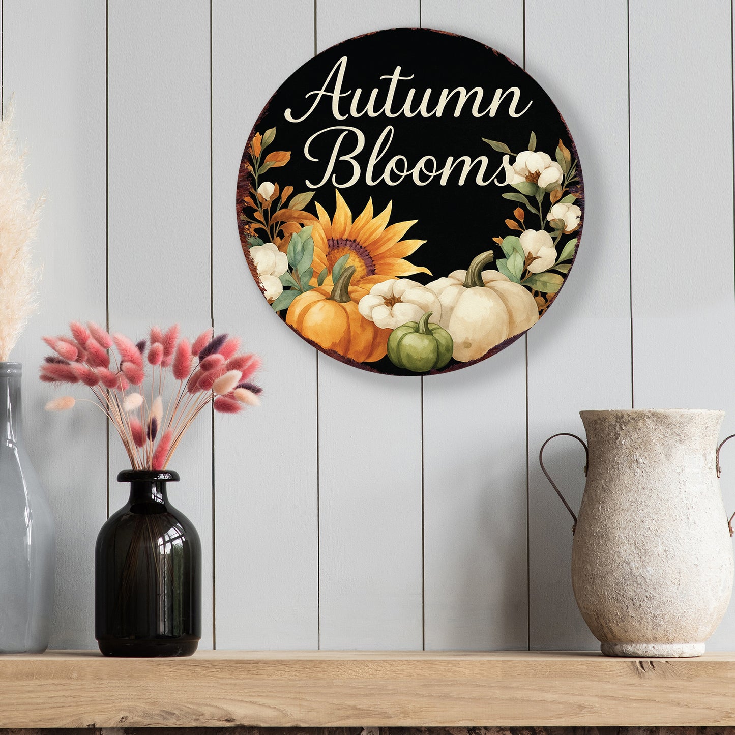 Autumn Blooms Fall Door Hanger – Round Wood Sign with Pumpkins & Sunflowers, UV Print for Front Door or Wall, 12–16in