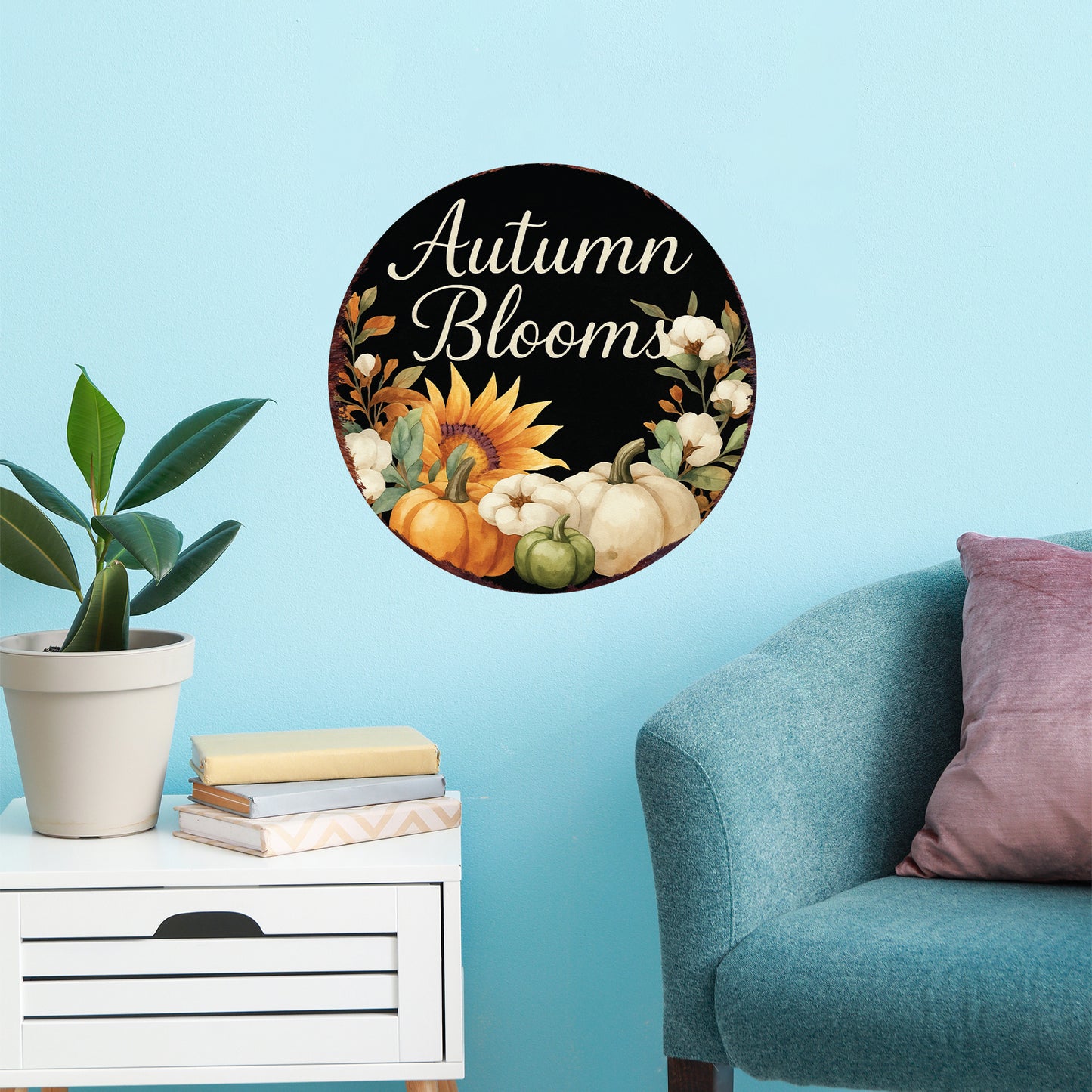 Autumn Blooms Fall Door Hanger – Round Wood Sign with Pumpkins & Sunflowers, UV Print for Front Door or Wall, 12–16in