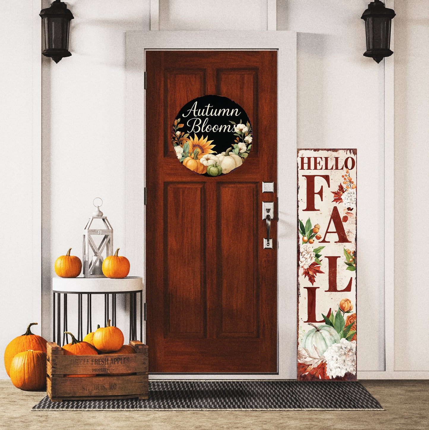 Autumn Blooms Fall Door Hanger – Round Wood Sign with Pumpkins & Sunflowers, UV Print for Front Door or Wall, 12–16in