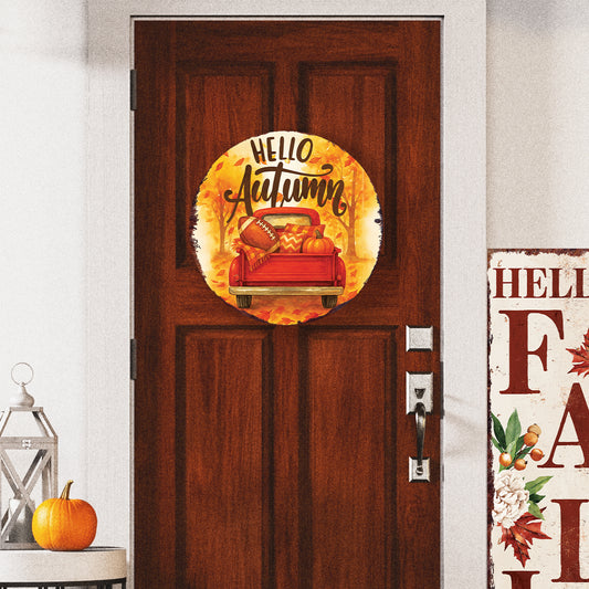 Hello Autumn Door Hanger – Round Wood Sign with Red Truck & Pumpkins, UV Print Fall Decor for Front Door or Wall, 12–16in