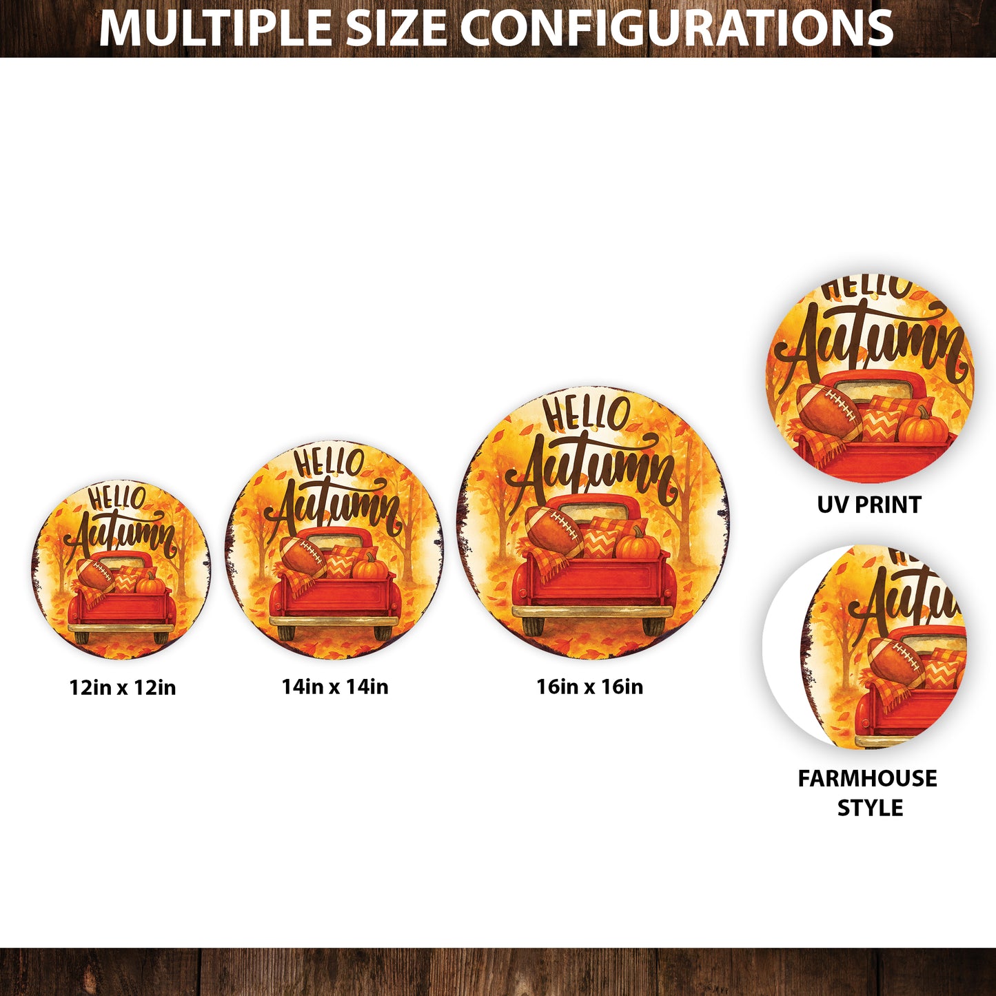 Hello Autumn Door Hanger – Round Wood Sign with Red Truck & Pumpkins, UV Print Fall Decor for Front Door or Wall, 12–16in