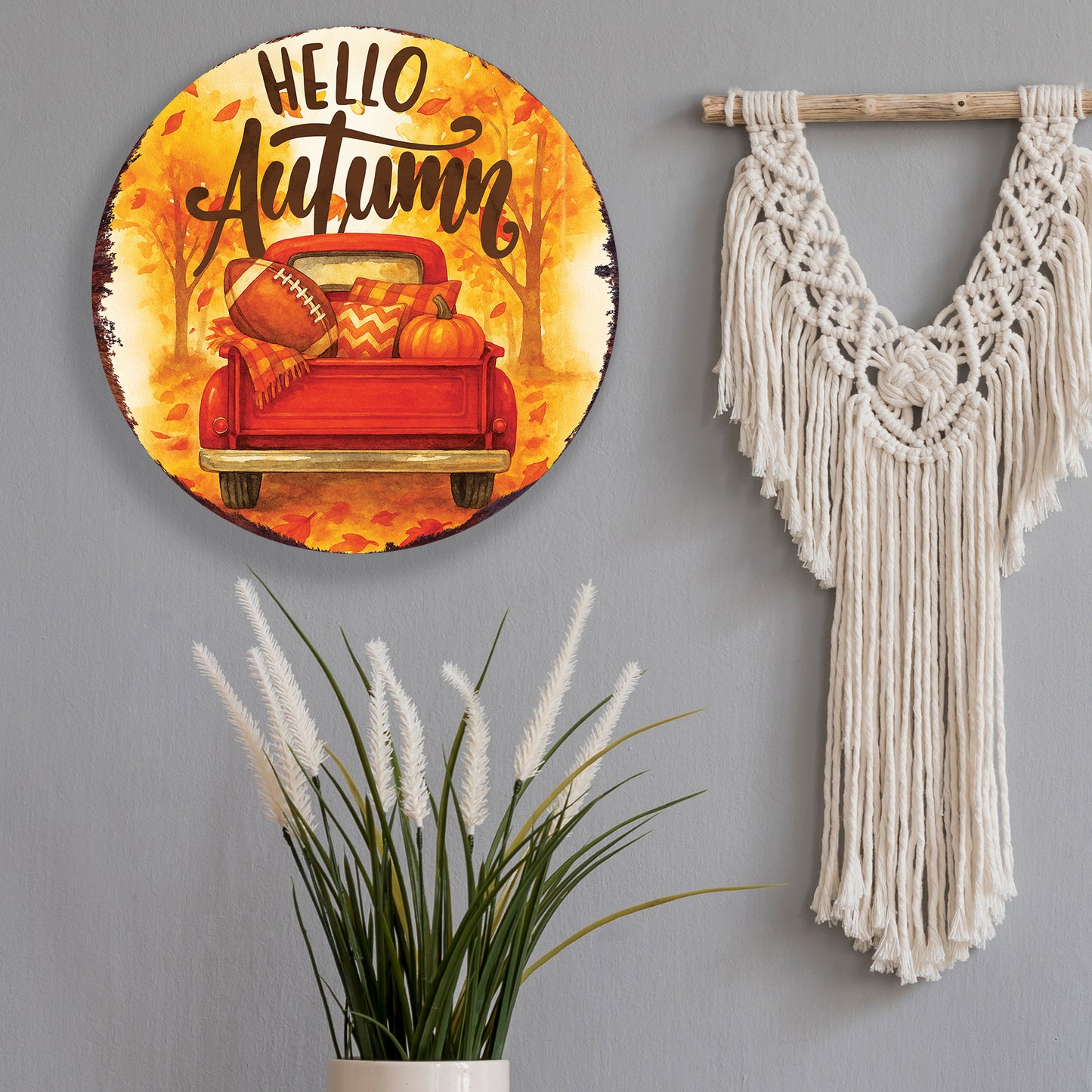 Hello Autumn Door Hanger – Round Wood Sign with Red Truck & Pumpkins, UV Print Fall Decor for Front Door or Wall, 12–16in