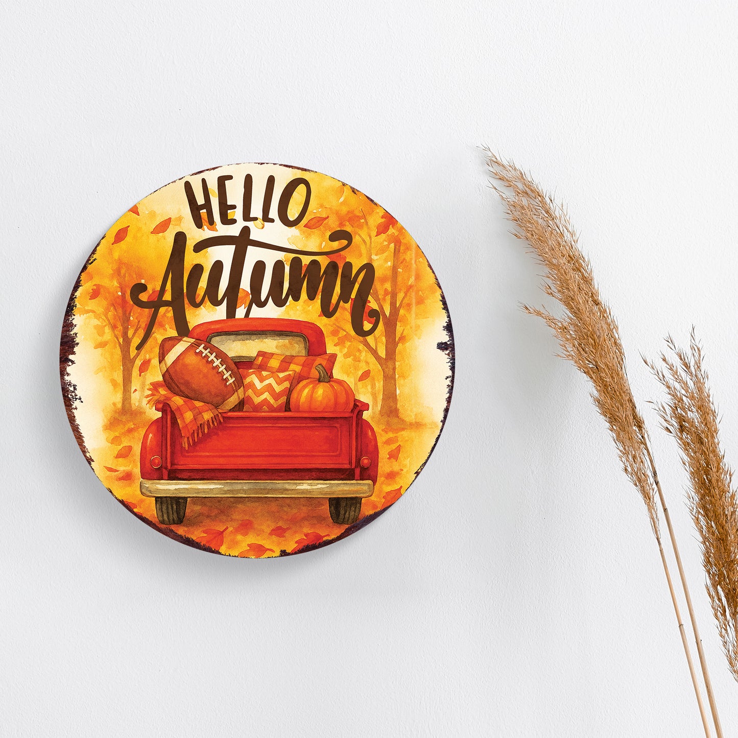 Hello Autumn Door Hanger – Round Wood Sign with Red Truck & Pumpkins, UV Print Fall Decor for Front Door or Wall, 12–16in