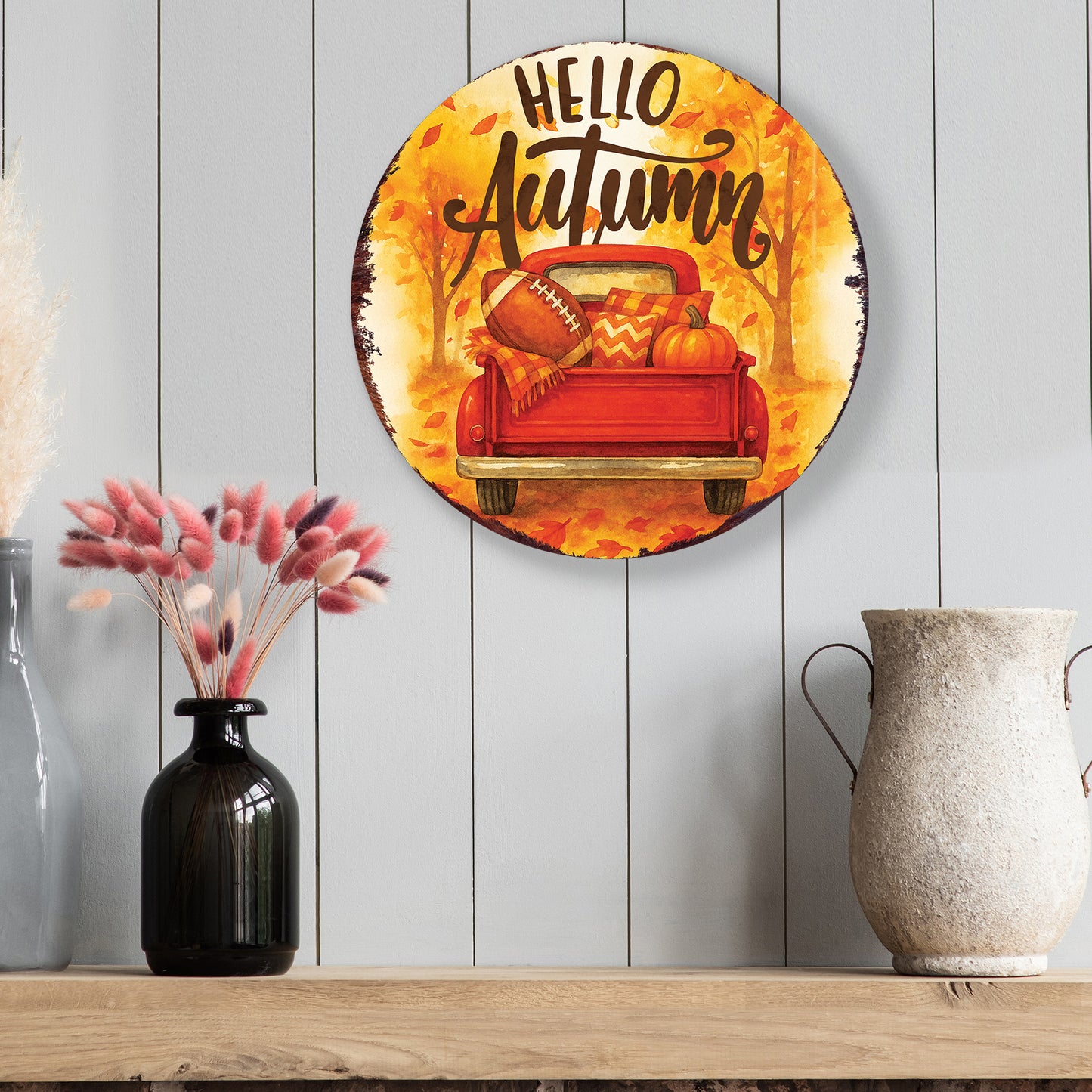 Hello Autumn Door Hanger – Round Wood Sign with Red Truck & Pumpkins, UV Print Fall Decor for Front Door or Wall, 12–16in