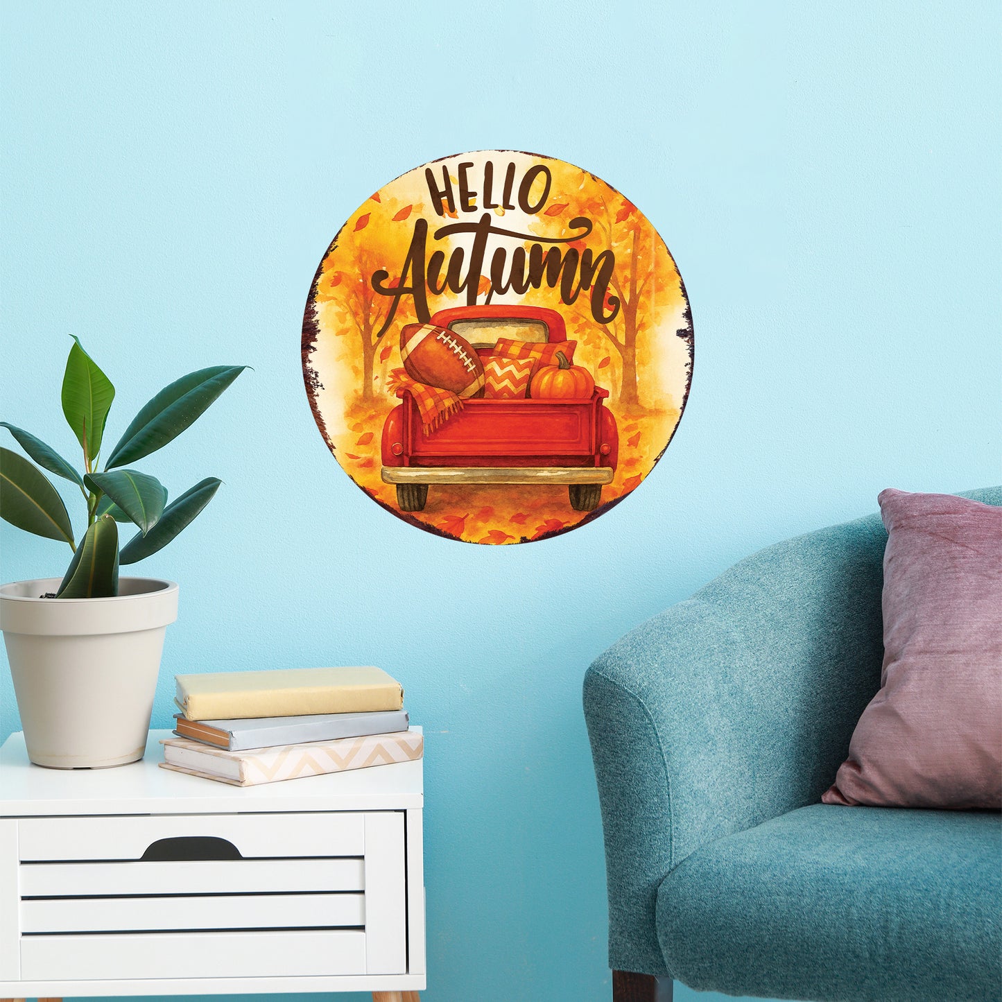 Hello Autumn Door Hanger – Round Wood Sign with Red Truck & Pumpkins, UV Print Fall Decor for Front Door or Wall, 12–16in