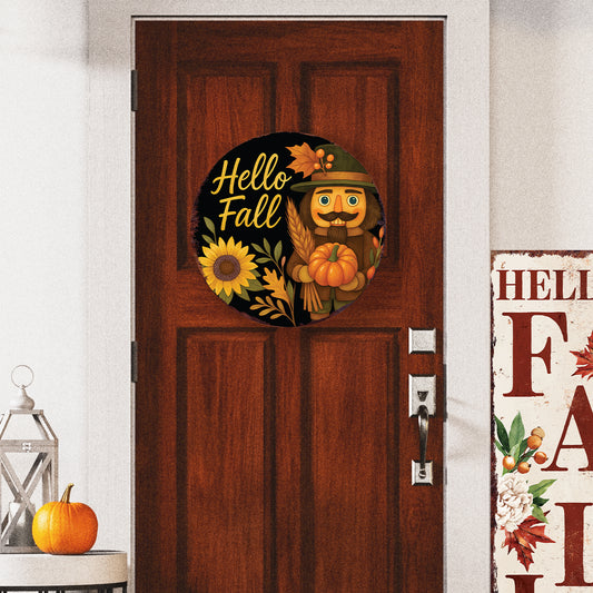 Hello Fall Door Hanger – Round Wood Sign with Red Truck & Pumpkins, UV Print Fall Decor for Front Door or Wall, 12–16in