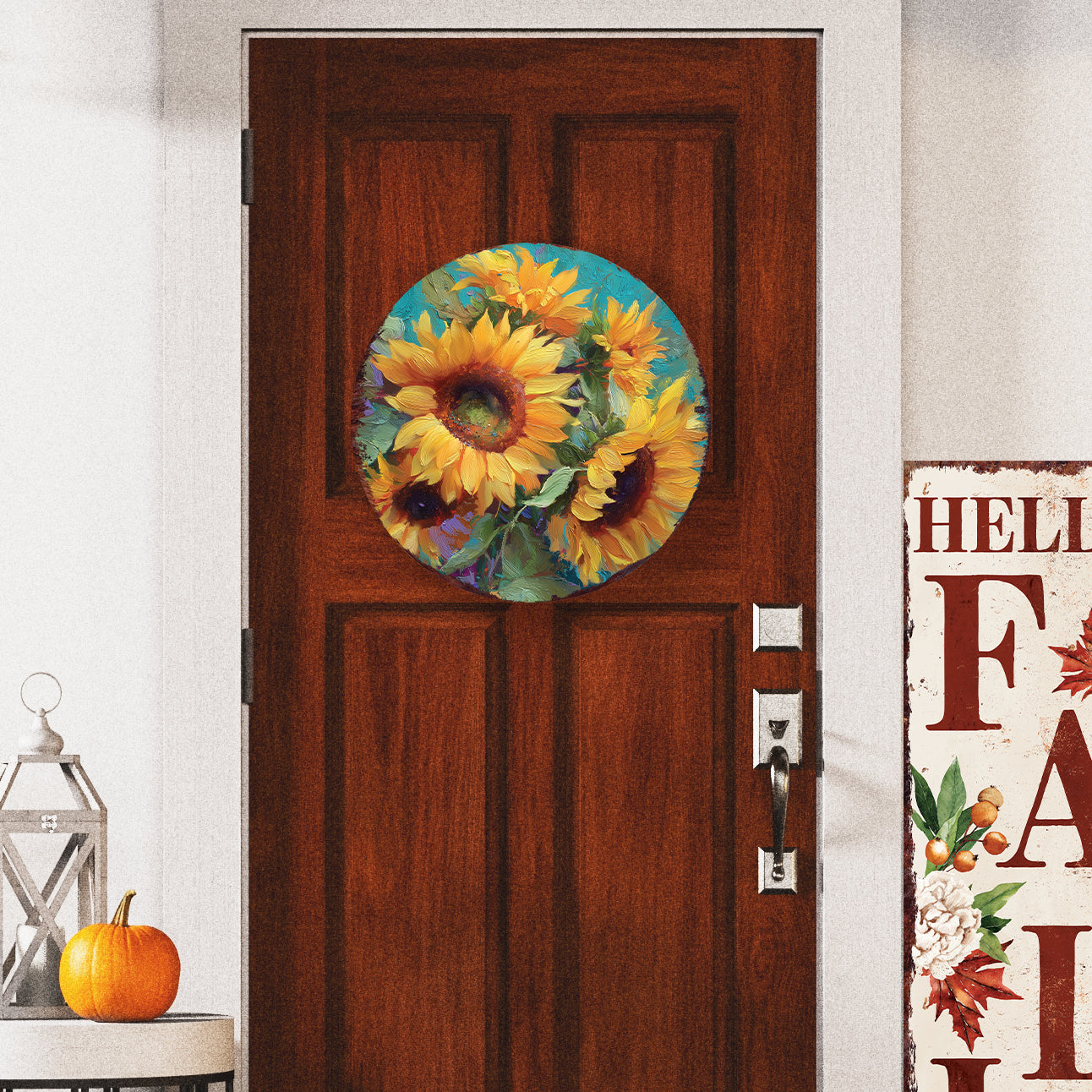 Fall Sunflower Door Hanger – Round Wood Sign, Oil Paint Style UV Print, Rustic Front Door or Wall Decor, 12–16in