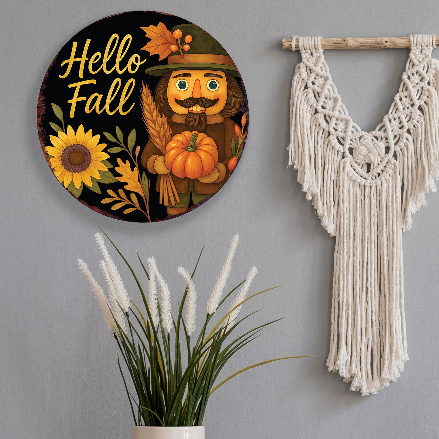 Hello Fall Door Hanger – Round Wood Sign with Red Truck & Pumpkins, UV Print Fall Decor for Front Door or Wall, 12–16in