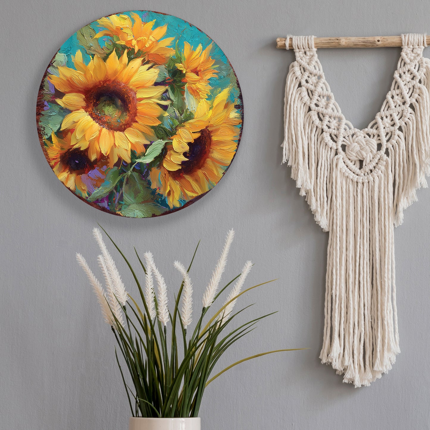 Fall Sunflower Door Hanger – Round Wood Sign, Oil Paint Style UV Print, Rustic Front Door or Wall Decor, 12–16in
