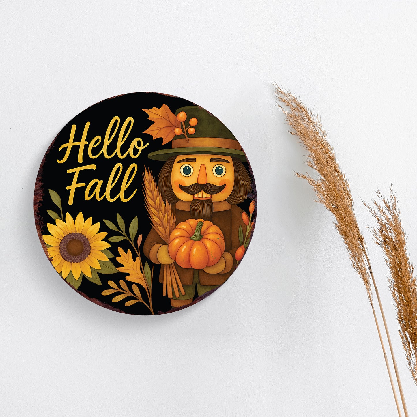 Hello Fall Door Hanger – Round Wood Sign with Red Truck & Pumpkins, UV Print Fall Decor for Front Door or Wall, 12–16in