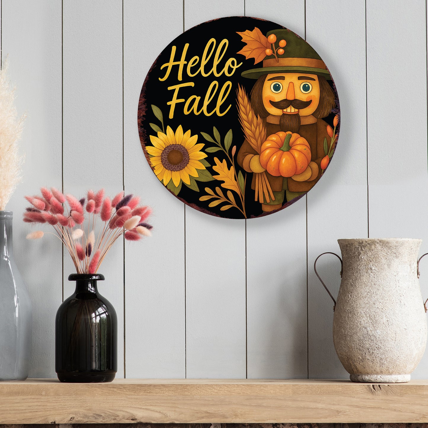 Hello Fall Door Hanger – Round Wood Sign with Red Truck & Pumpkins, UV Print Fall Decor for Front Door or Wall, 12–16in