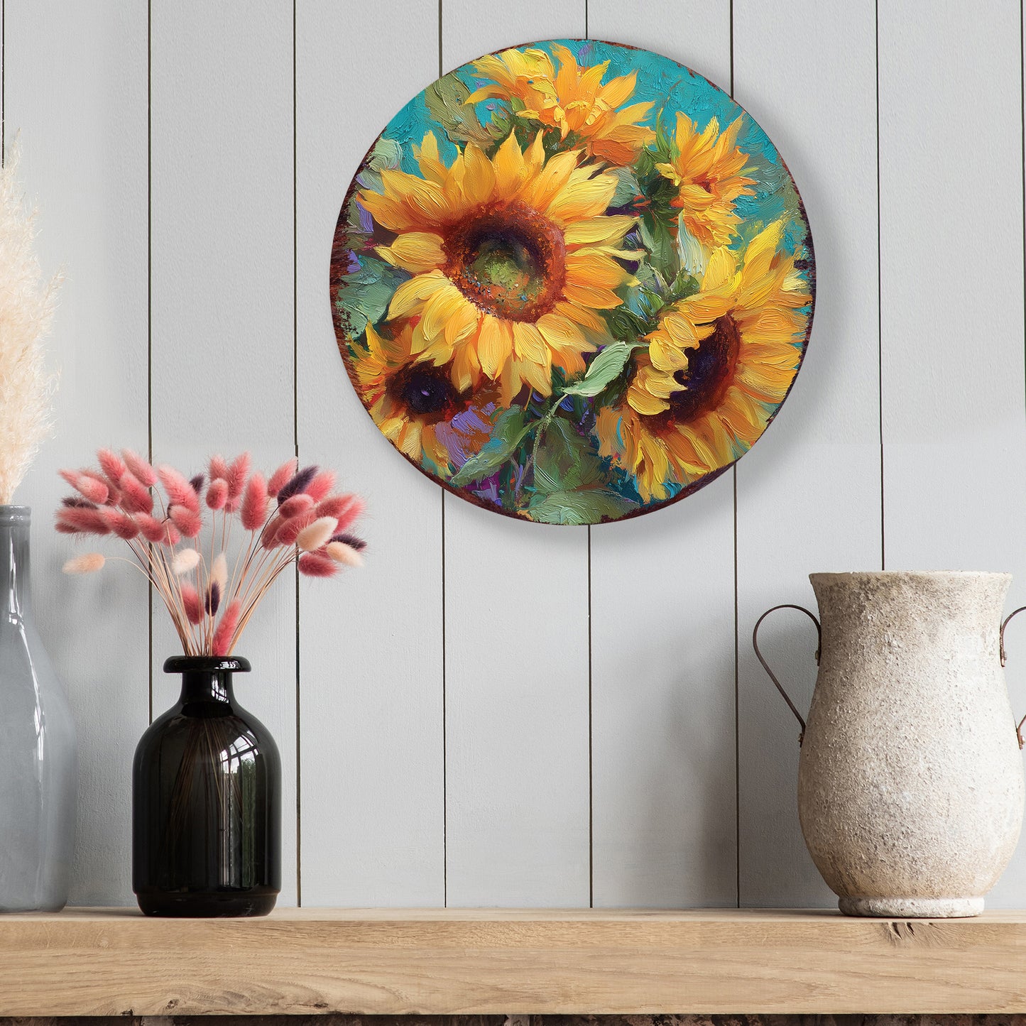 Fall Sunflower Door Hanger – Round Wood Sign, Oil Paint Style UV Print, Rustic Front Door or Wall Decor, 12–16in